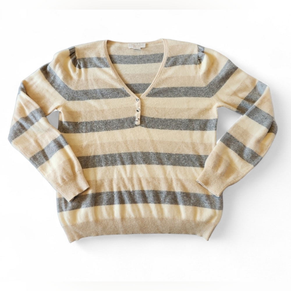 Mainbocher 100% Pure‎ Cashmere V-Neck Striped Multicolored Sweater Size XL